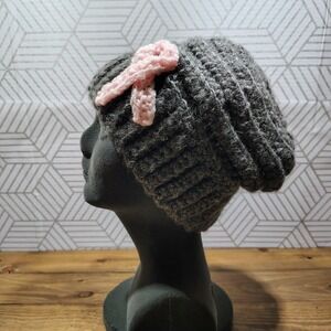 Hand Knit Slouchy Beanie Hat Gray Pink Breast Cancer Bow Winter‎